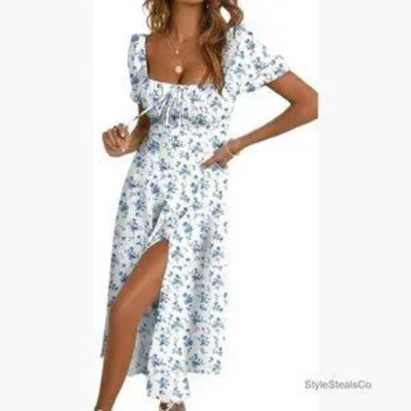 Dresses & Skirts - Floral Print Square Neck Midi Dress with Split Thigh and Tie Front